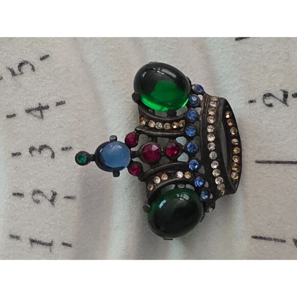 Trifari Alfred Phillippe Sterling Silver Crown Brooch Green Cabochons Rhinestone - Picture 4 of 8